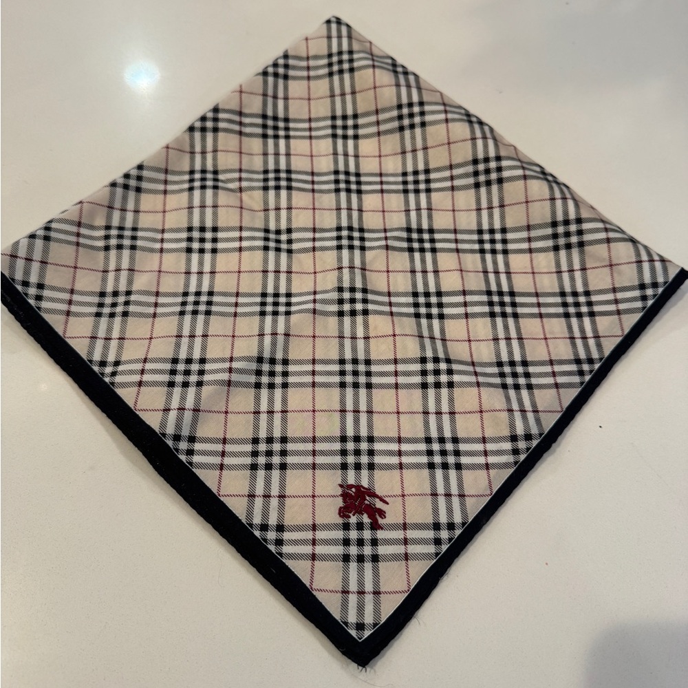 Burberry Beige Plaid Pocket Square with Black Trim and Red Logo